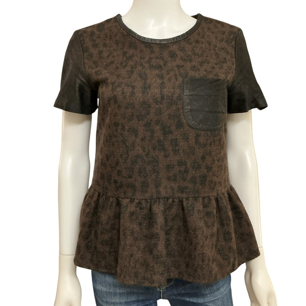 Sea New York Wool Leather Peplum Top Size 2 Brown Leopard Print Designer Glam